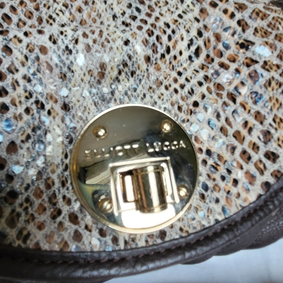 NEW Leather Handbag Gold Accents Faux Croc Turn Lock and Zip - Picture 2 of 13